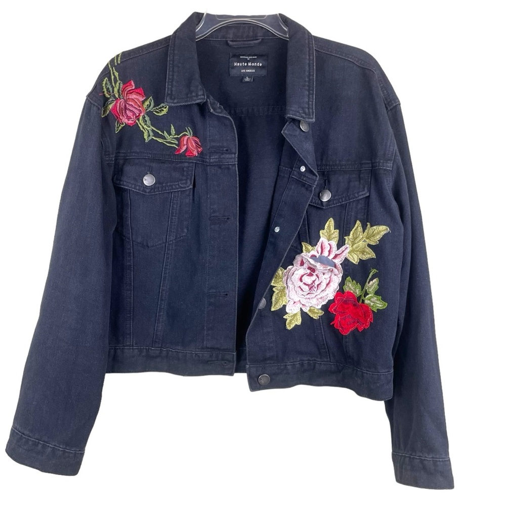 Haute Monde Los Angeles Black Jean Denim Jacket Floral Embroidered Flowers Sz L